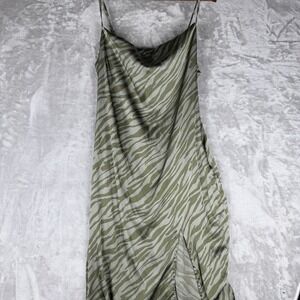 FOREVER 21 Zebra Print Cowl Neck Slip Midi Dress Green Beige Spaghetti Strap L